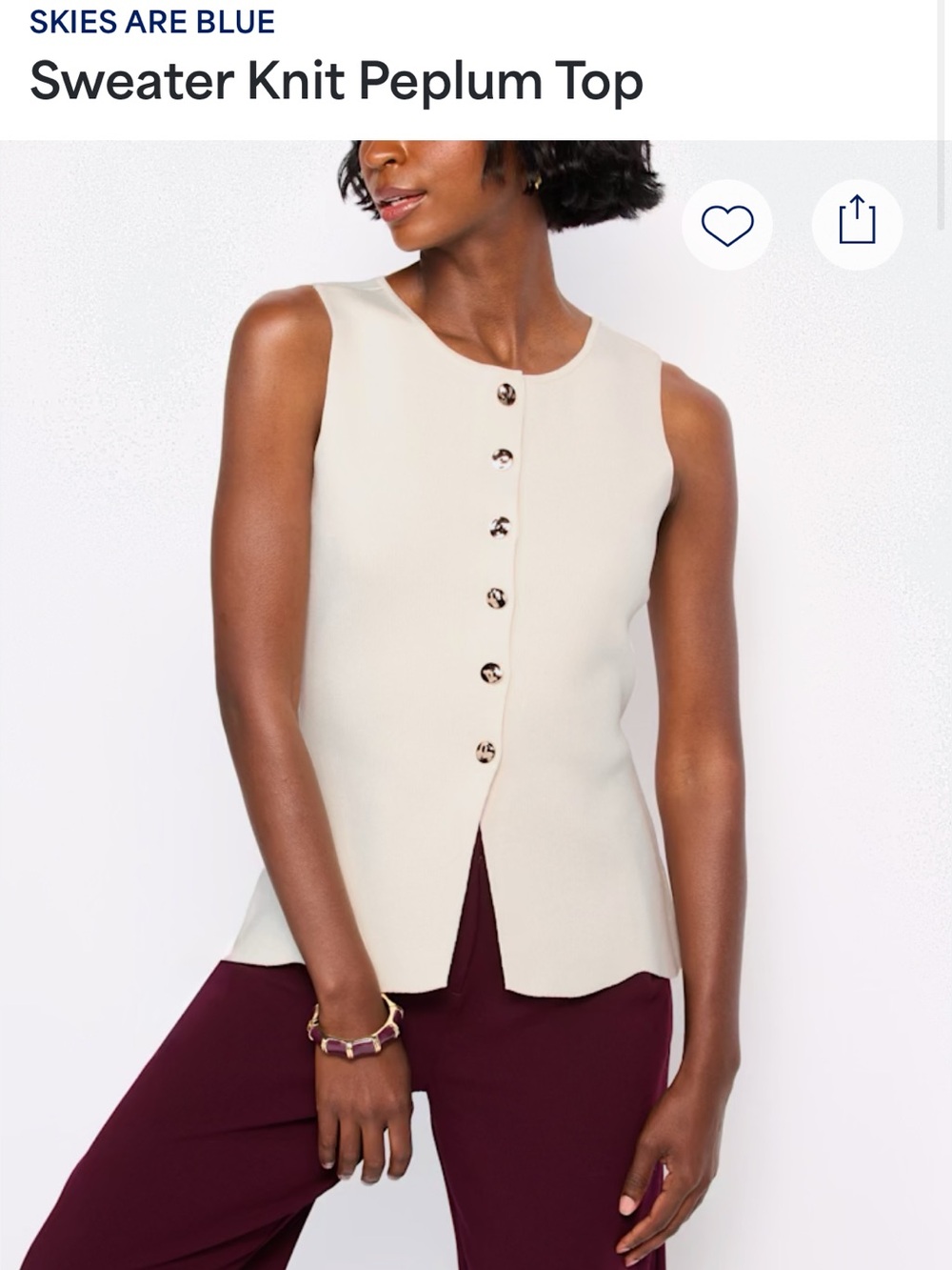 Skies Are Blue Cream Button-Front Sleeveless Peplum Top